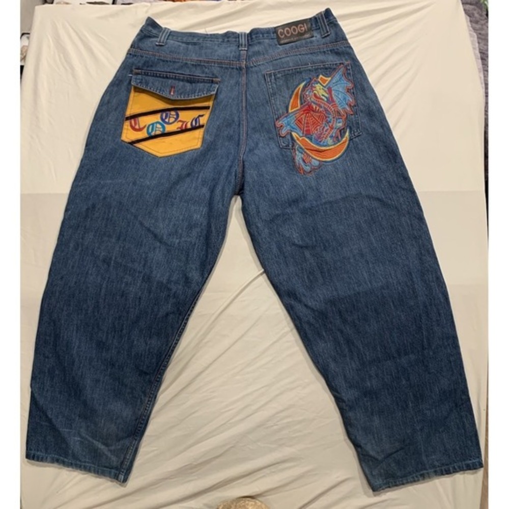 COOGI Men's Bootcut Jeans in Denim Blue with Yellow Pocket Accent